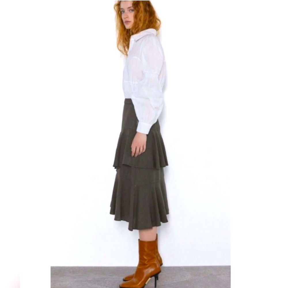 Zara L olive green layered ruffle linen boho skirt